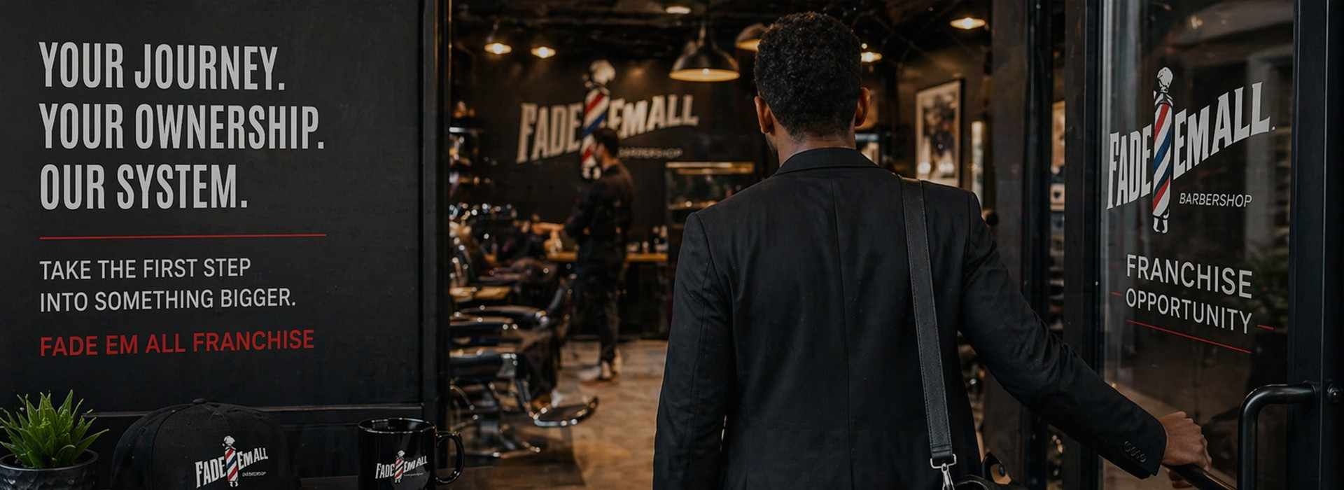 Man in a suit entering a barbershop through a door marked Fade 'Em All Franchise Opportunity