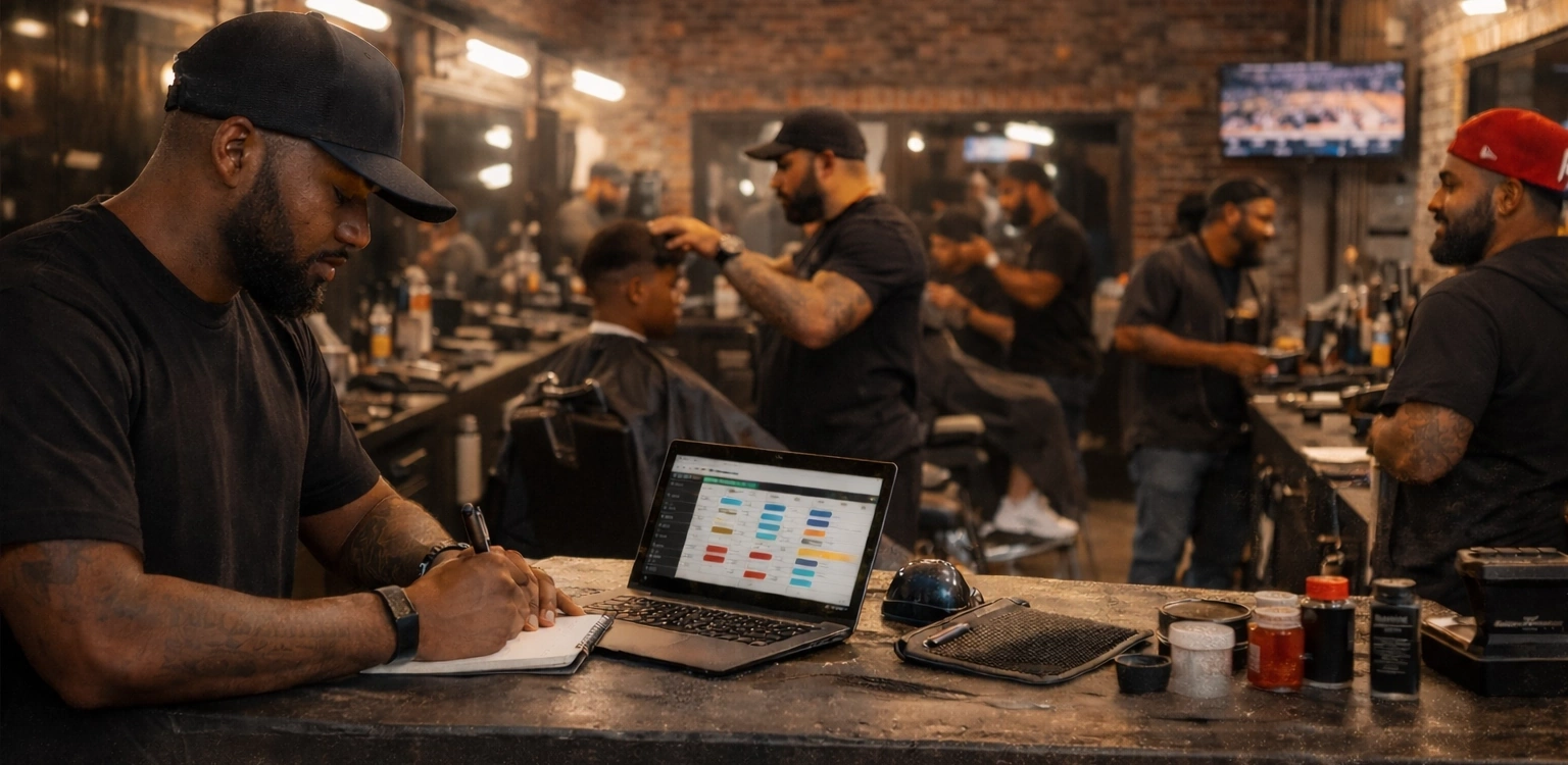 Barbershop counter with a laptop schedule and notebook as barbers work in the background