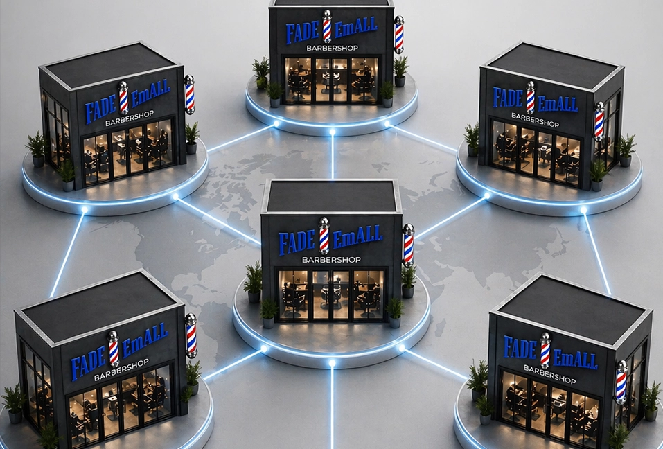 Illustration of Fade 'Em All barbershops linked together as one system