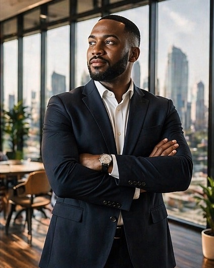 Man in a suit standing by office windows with a city view