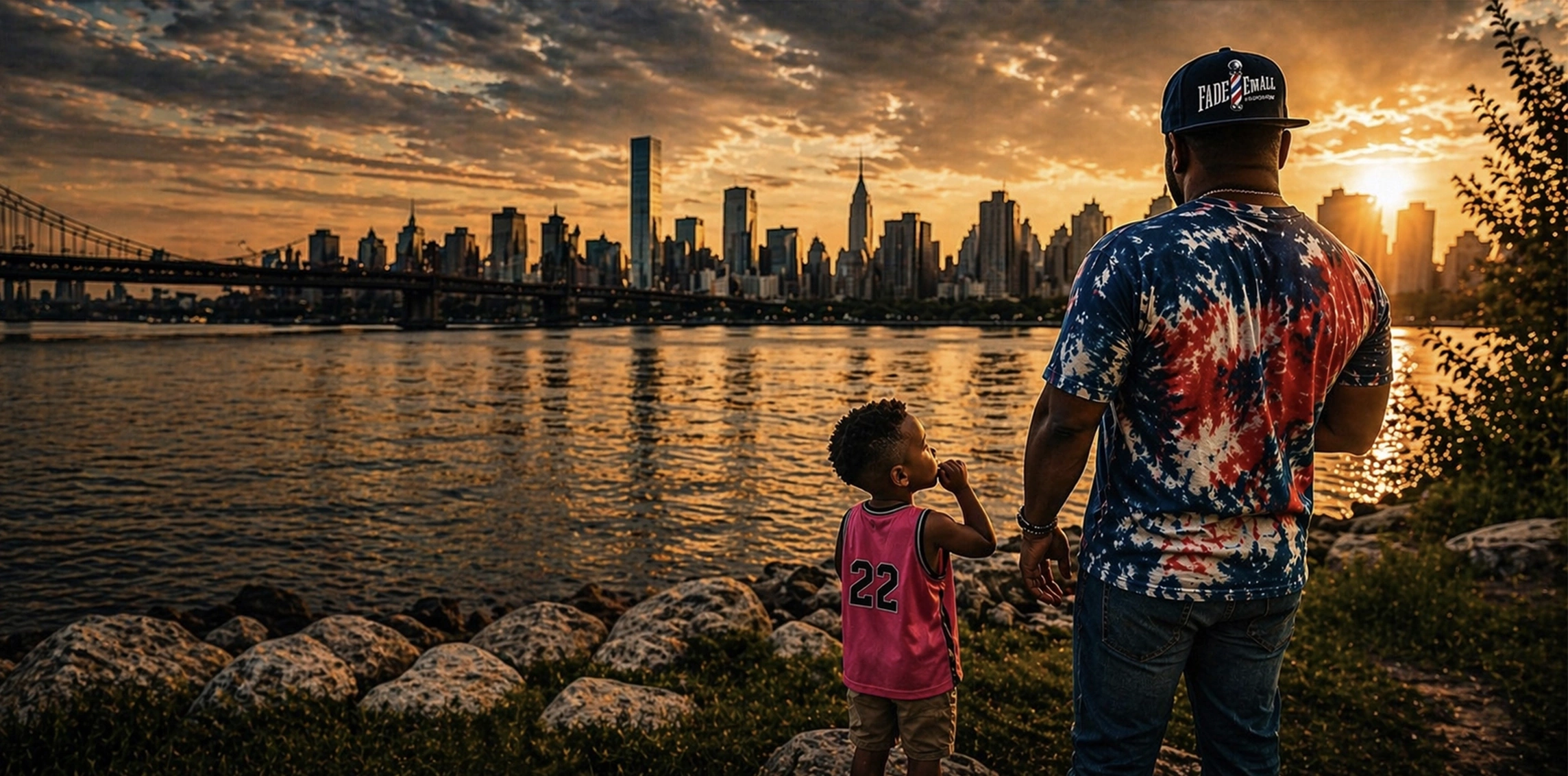 Man in a Fade 'Em All cap and a young boy looking at the New York City skyline at sunset